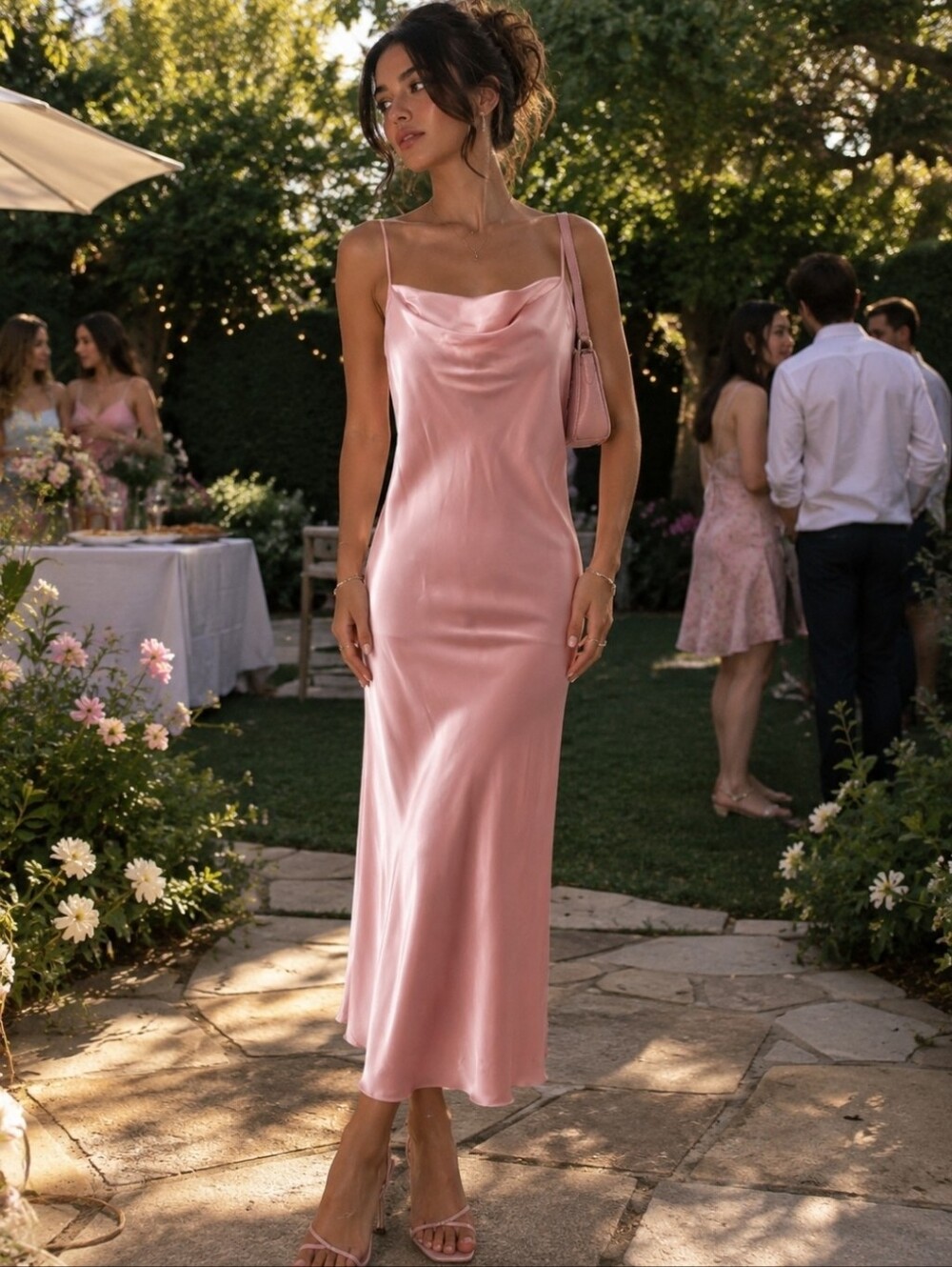 Vintage bebe Pink Satin Cowl Neckline Slip Midi Coqutte Balletcore Dress Medium